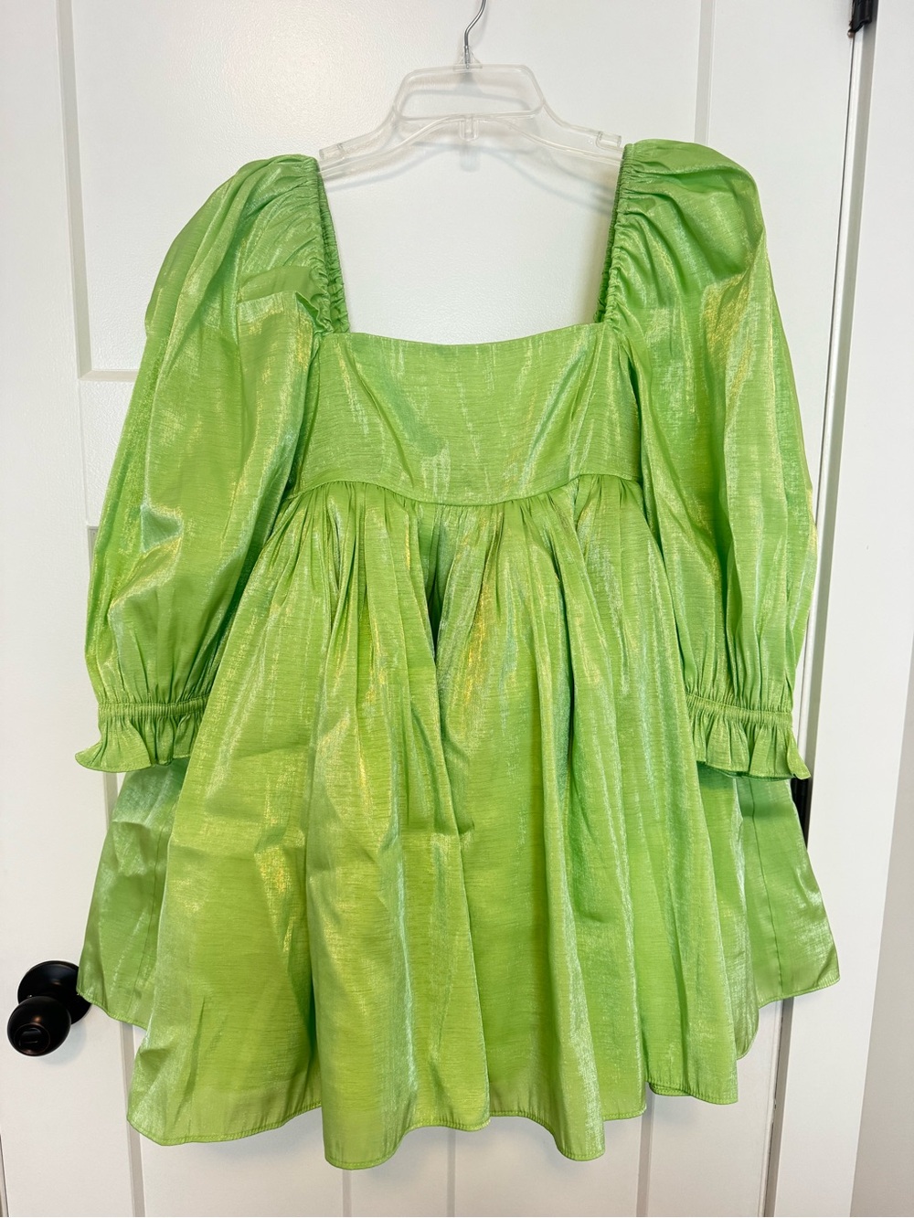 SELKIE Shiny Puff Sleeve Mini Dress in Light Green - Picture 4 of 9